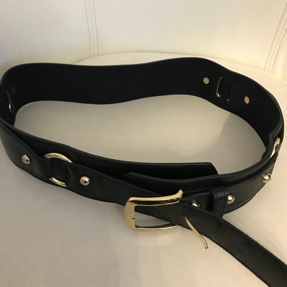 Thick Leather Belt Black Waist Hip Soft Gold Metal Details Rings Studed